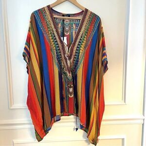 Shahida‎ Parides Embellished 100% Silk Kaftan Multicolor Stripe NWT